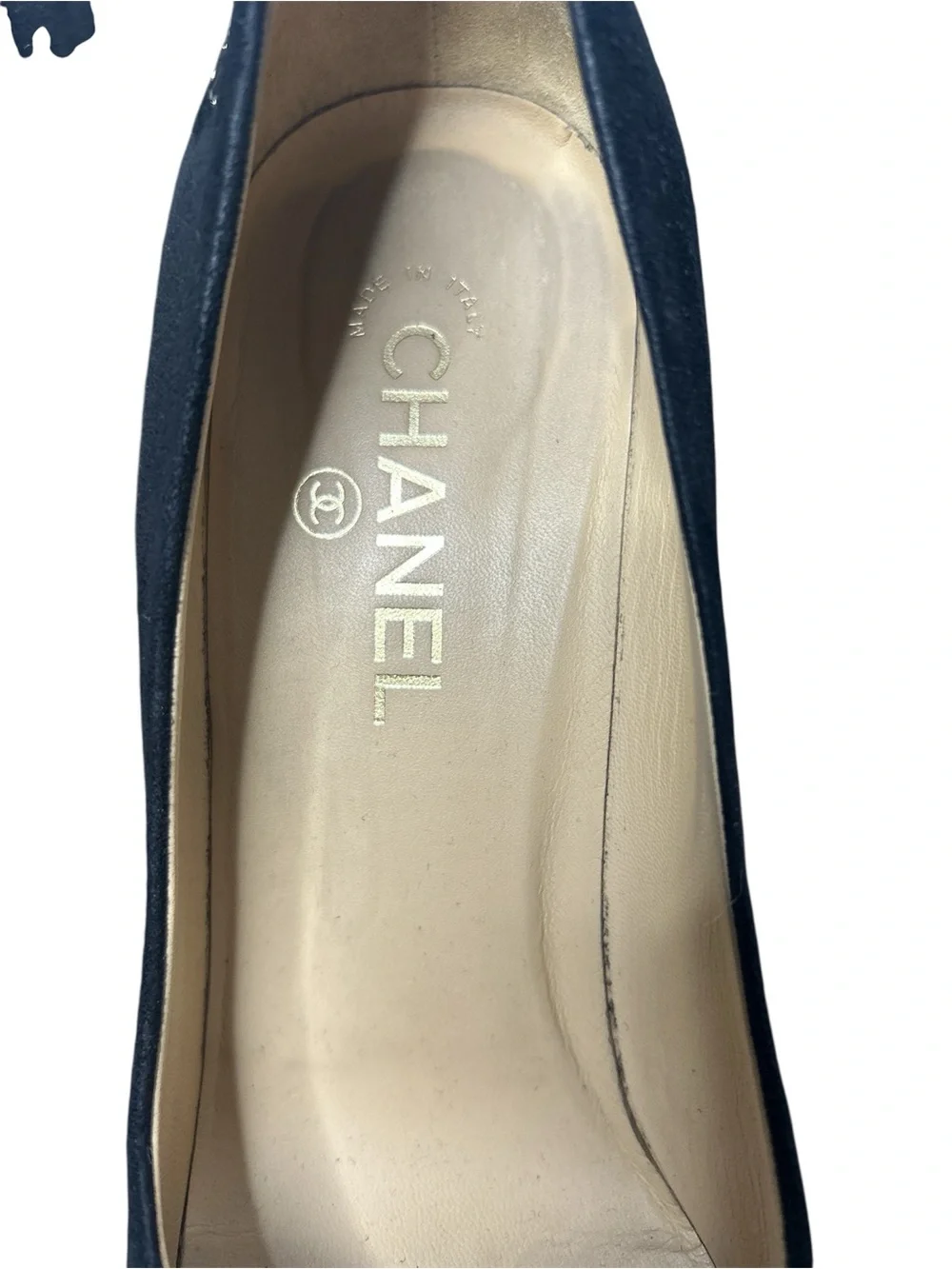 CHANEL Black Suede Cap Toe Pumps Heels CC Logo Gold Trim Size 40.5C Luxury